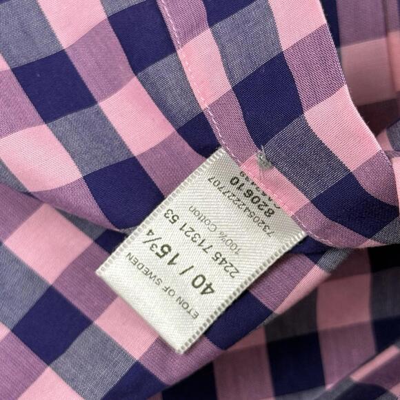 Eton Contemporary Check Dress Shirt Pink Blue Cotton Size 15.5 40 swedish Casual - Picture 5 of 9